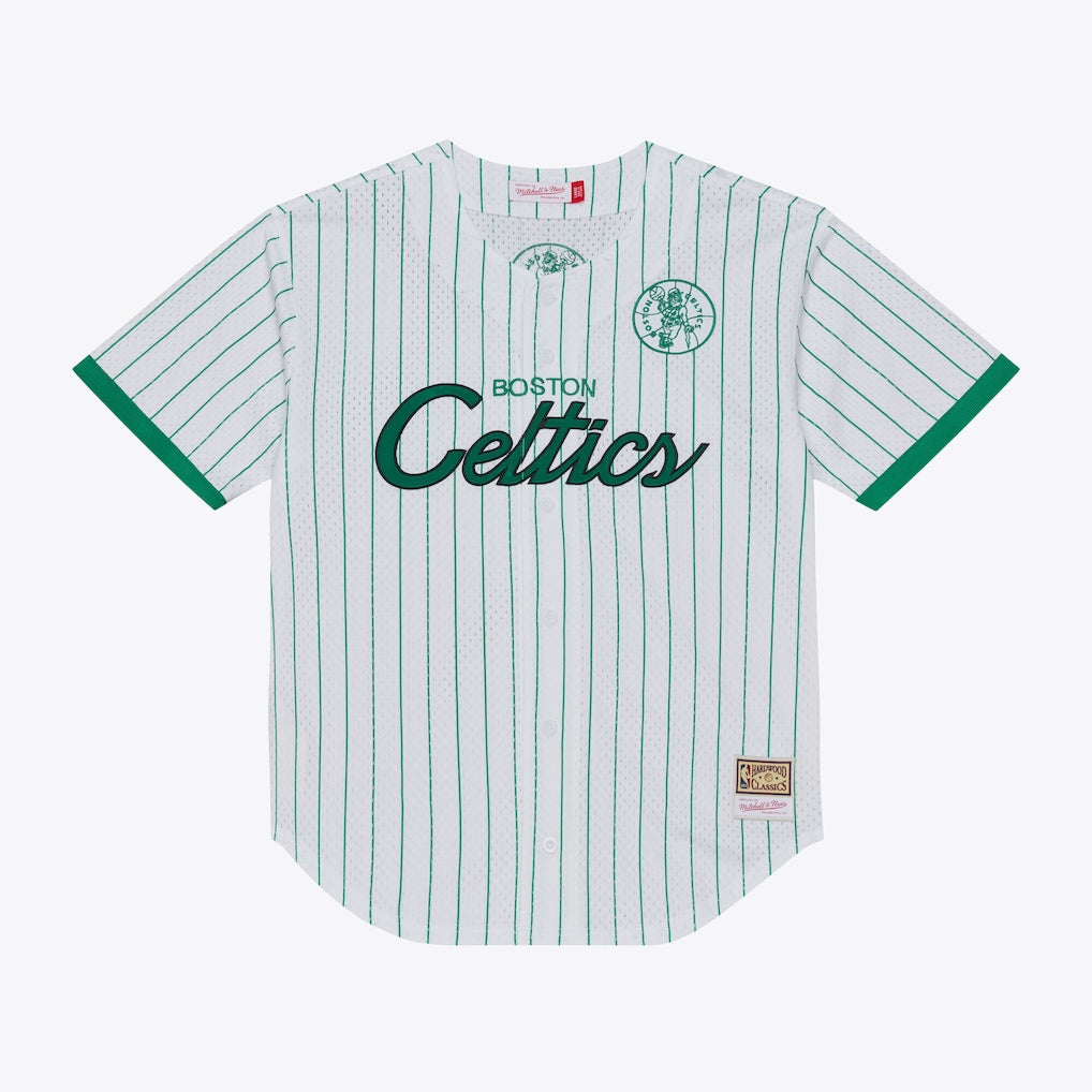 Men's Boston Celtics Mitchell & Ness White Head Coach Pinstripe Mesh Full-Button Baseball Jersey