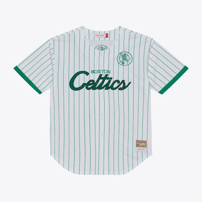 Men's Boston Celtics Mitchell & Ness White Head Coach Pinstripe Mesh Full-Button Baseball Jersey