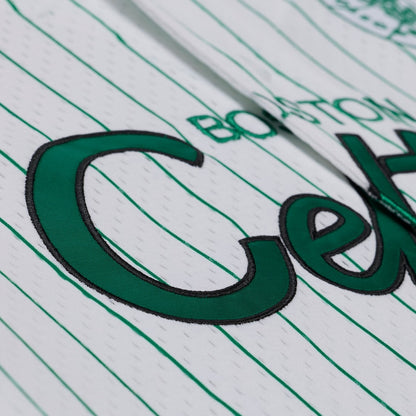 Men's Boston Celtics Mitchell & Ness White Head Coach Pinstripe Mesh Full-Button Baseball Jersey