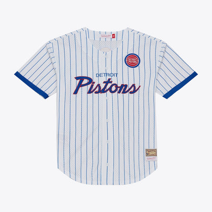 Men's Detroit Pistons Mitchell & Ness White Head Coach Pinstripe Mesh Full-Button Baseball Jersey