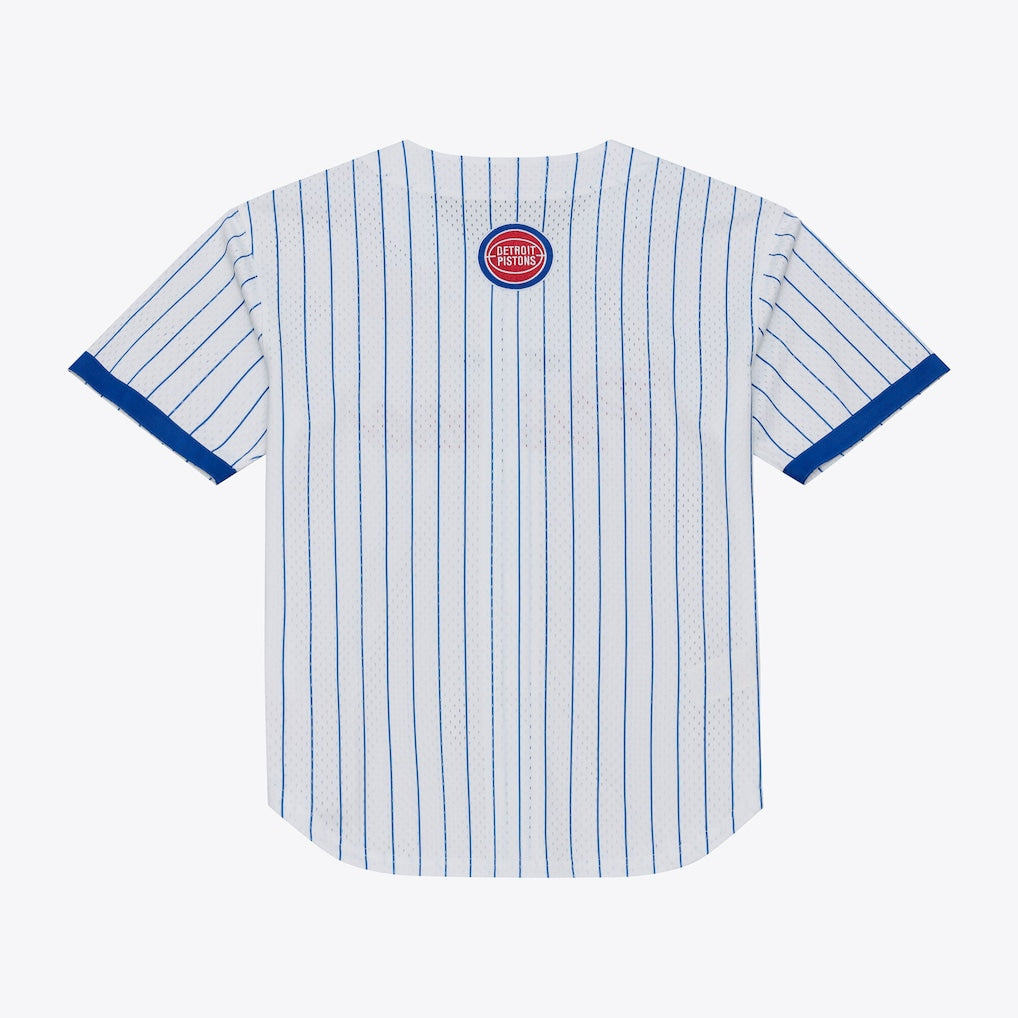 Men's Detroit Pistons Mitchell & Ness White Head Coach Pinstripe Mesh Full-Button Baseball Jersey
