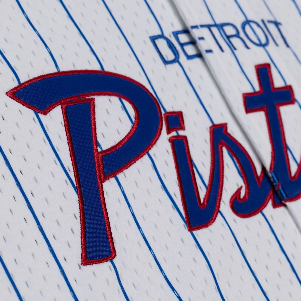 Men's Detroit Pistons Mitchell & Ness White Head Coach Pinstripe Mesh Full-Button Baseball Jersey