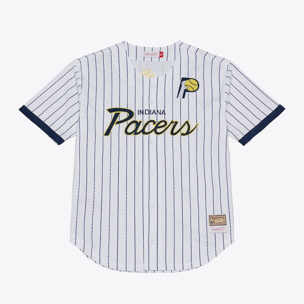 Men's Indiana Pacers Mitchell & Ness White Head Coach Pinstripe Mesh Full-Button Baseball Jersey