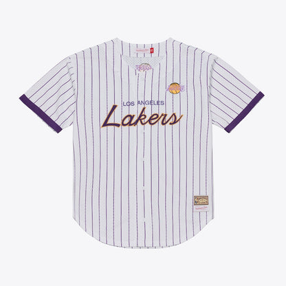 Men's Los Angeles Lakers Mitchell & Ness White Head Coach Pinstripe Mesh Full-Button Baseball Jersey