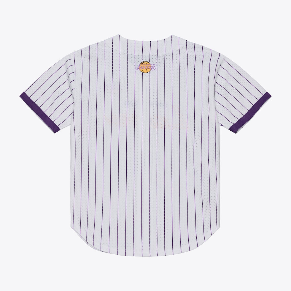 Men's Los Angeles Lakers Mitchell & Ness White Head Coach Pinstripe Mesh Full-Button Baseball Jersey