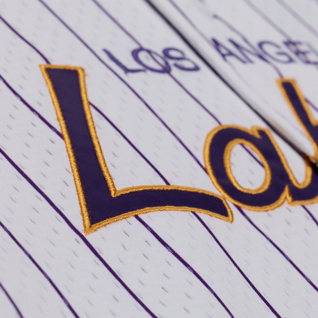 Men's Los Angeles Lakers Mitchell & Ness White Head Coach Pinstripe Mesh Full-Button Baseball Jersey