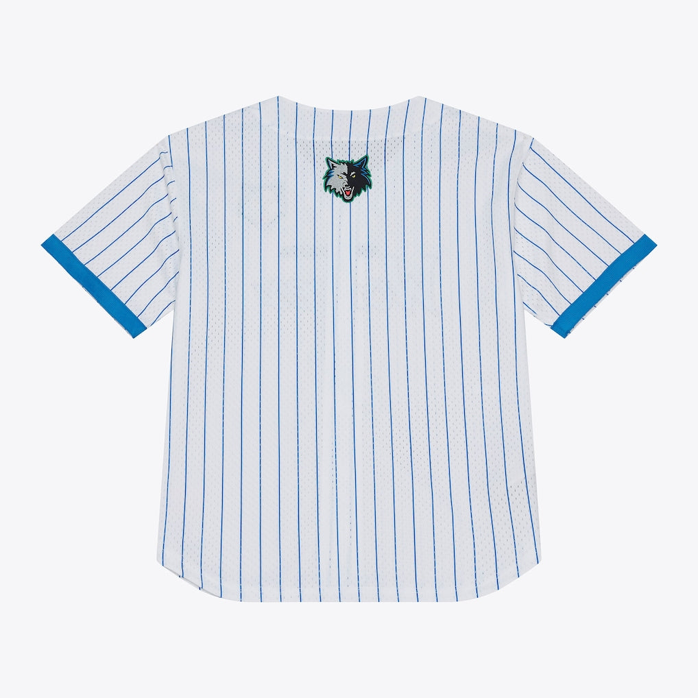Men's Minnesota Timberwolves Mitchell & Ness White Head Coach Pinstripe Mesh Full-Button Baseball Jersey