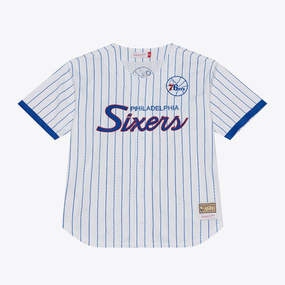 Men's Philadelphia 76ers Mitchell & Ness White Head Coach Pinstripe Mesh Full-Button Baseball Jersey