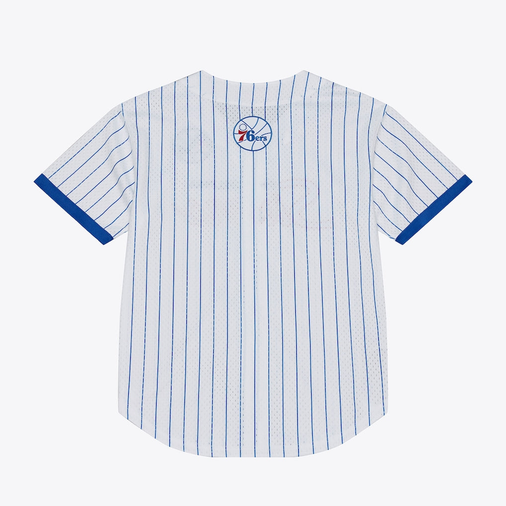 Men's Philadelphia 76ers Mitchell & Ness White Head Coach Pinstripe Mesh Full-Button Baseball Jersey