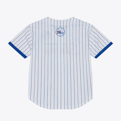 Men's Philadelphia 76ers Mitchell & Ness White Head Coach Pinstripe Mesh Full-Button Baseball Jersey
